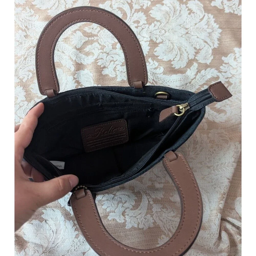 Relic Mini Black Suede Brown Leather Purse Embroidered Floral Boho Y2K Bag